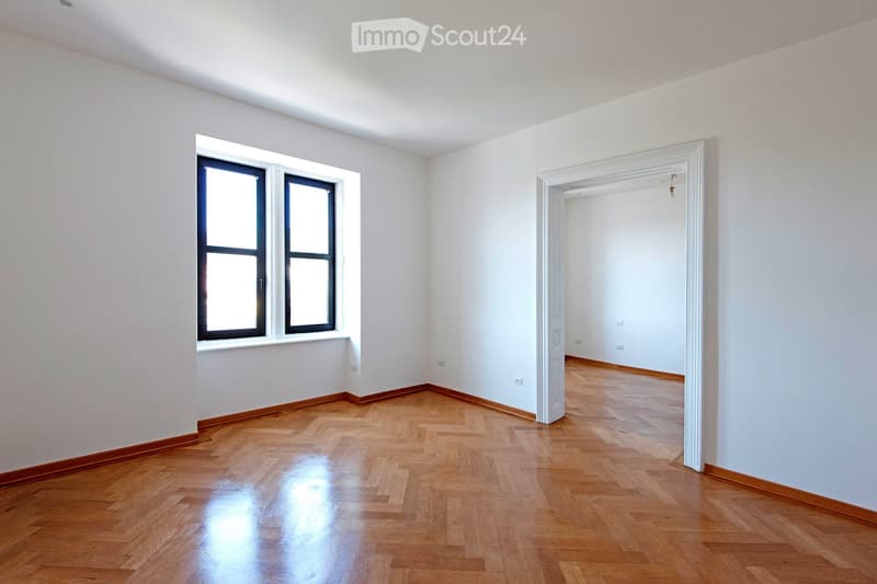 Empty room with white walls, wooden herringbone flooring, and two windows with black frames. A doorway leads to another room.