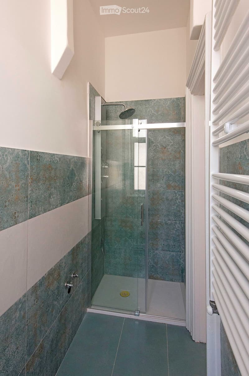Modern bathroom with a glass-enclosed shower, decorative blue tiles, and a white radiator.