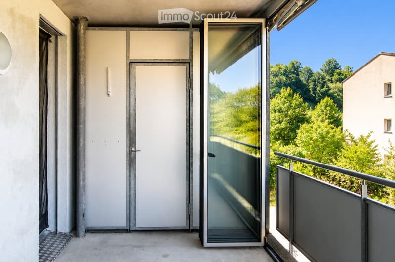 Modern balcony with glass sliding doors, metal railing, and a view of green trees and a neighboring building.