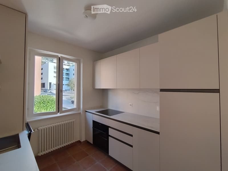 Empty kitchen with light-colored cabinets, a countertop, and a window offering a view of the street and greenery.