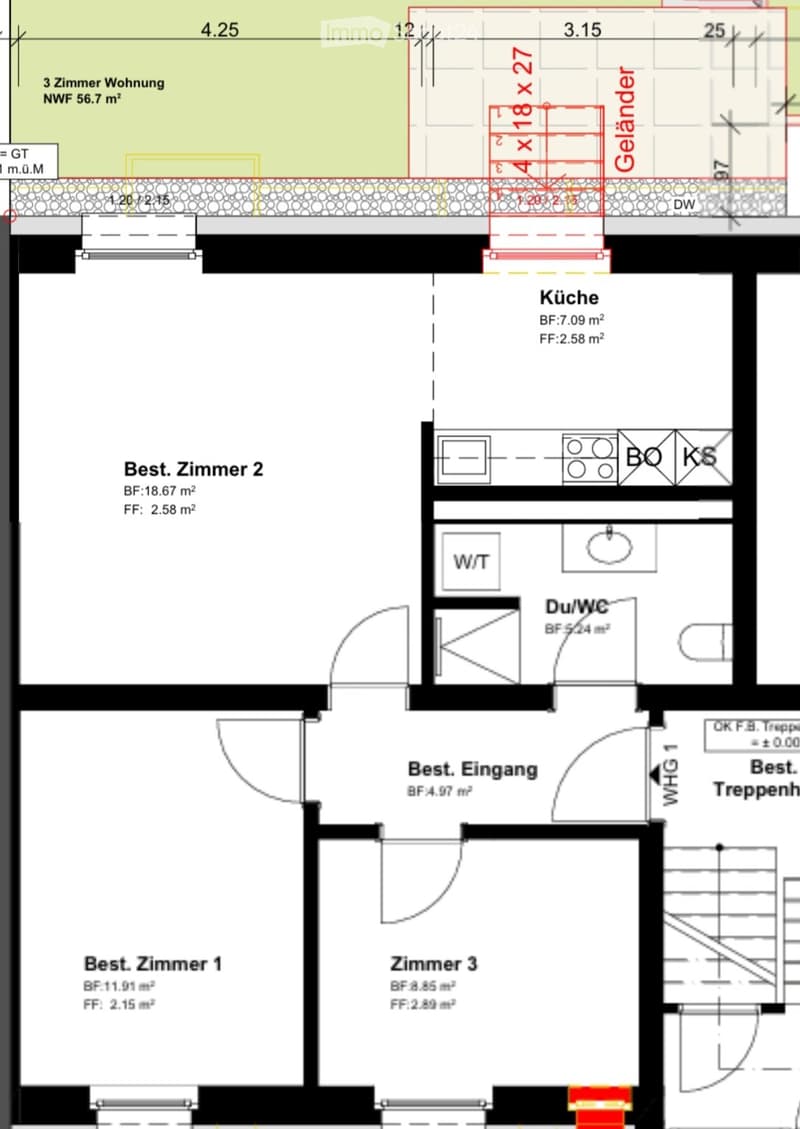 Floor plan of a 3-room apartment with kitchen, entrance, and bathroom. Includes measurements and room labels.