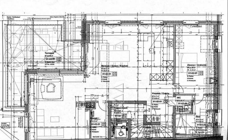 Floor plan showing a multi-room layout including living/dining/kitchen area, bedroom, hallway, bathroom, and terrace.