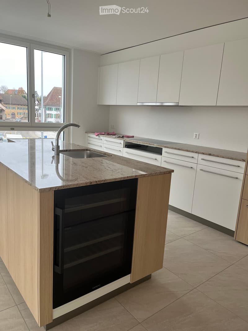 Modern kitchen with white cabinets, granite countertop, built-in oven, and a sink with a modern faucet. The space is bright with large windows showing a street view.
