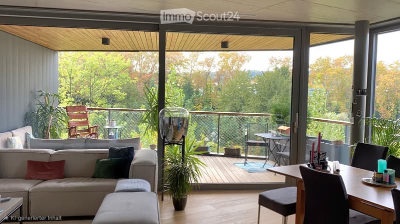 Modern living room with large windows and a balcony, featuring a grey sofa, wooden table, chairs, ottoman, and plants.