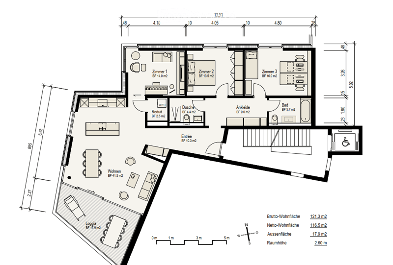 Floor plan of a residential unit with living area, three bedrooms, bathroom, hallway, and entrance.