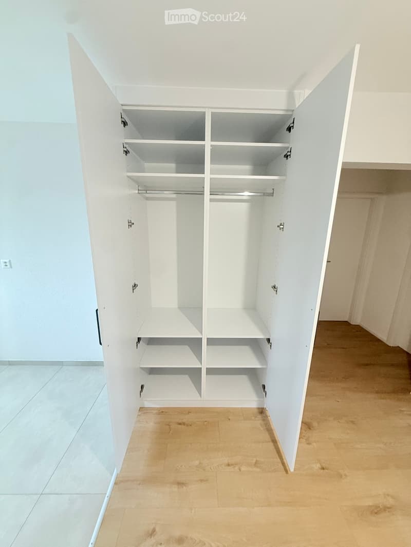 Empty room with white built-in closet featuring multiple shelves and a hanging rod, light-colored wooden flooring, and white walls.
