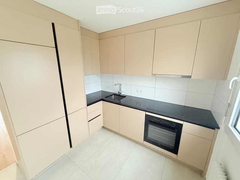 Modern kitchen with light wood cabinets, black countertops, and a built-in oven.