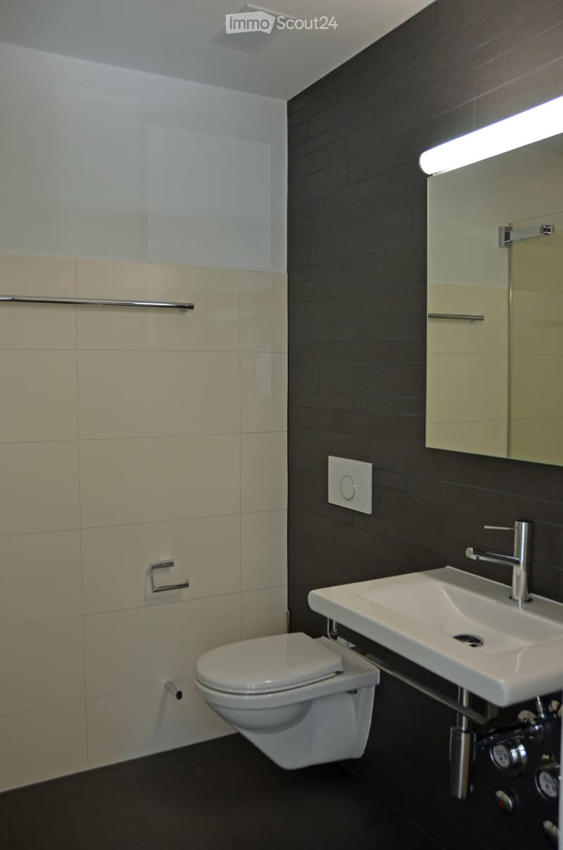 Modern bathroom with a toilet, sink, and mirror. Features dark tiled walls and a light-colored tiled section above the toilet.