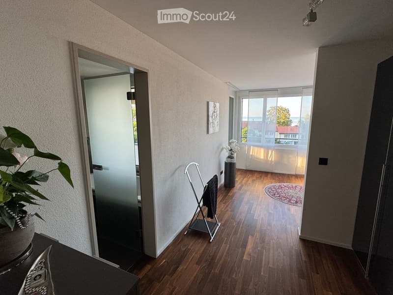 Modern hallway with wooden flooring, large mirror, coat rack, and a view of a room with large windows and a round rug.