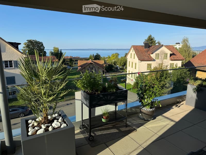 Balcony with potted plants, overlooking a scenic lake and residential area.