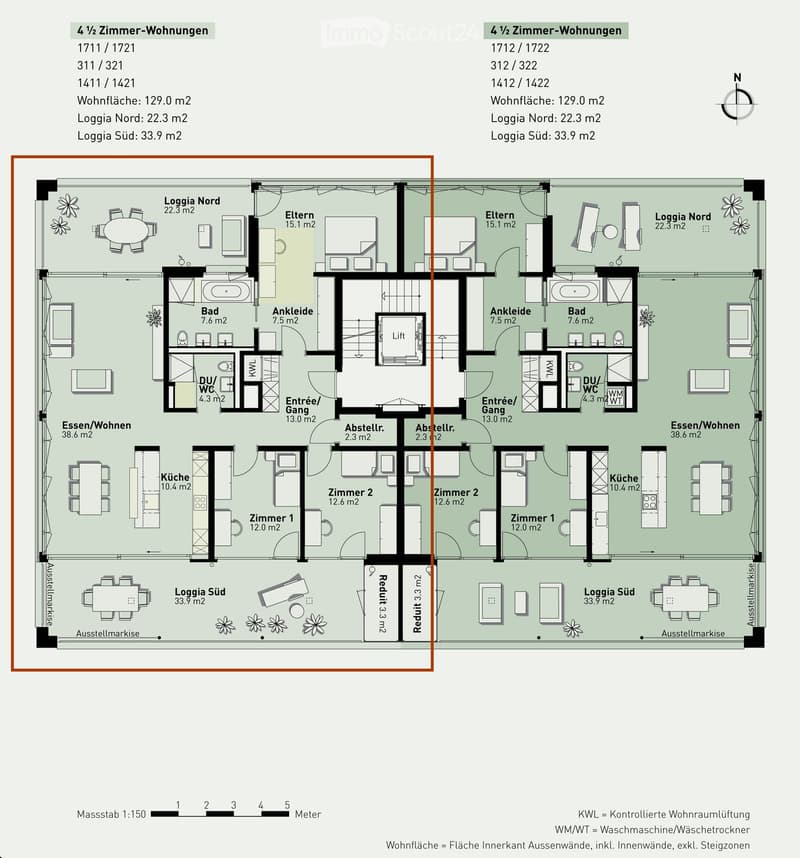 Floor plan of a 4.5-room apartment with two bedrooms, two bathrooms, kitchen, living/dining area, and two loggias (north and south).