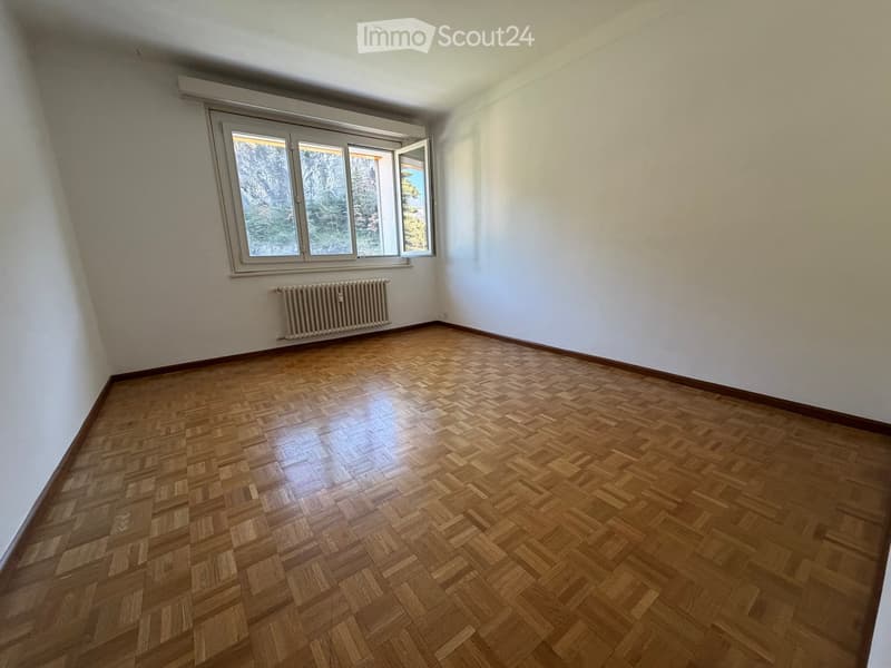Empty room with wooden parquet flooring, white walls, and a large window with a view of trees. A radiator is visible below the window.