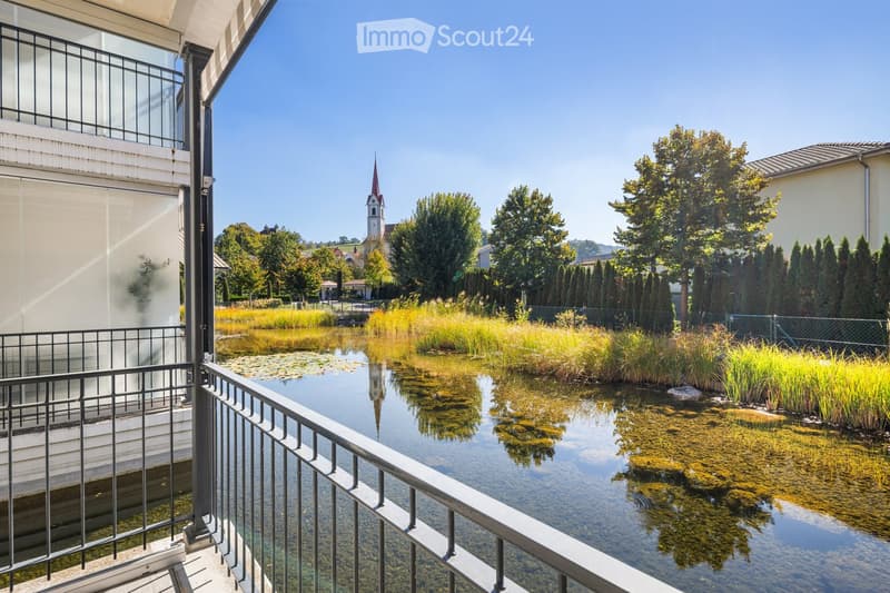 A serene garden area with a small pond, surrounded by tall grasses and trees, with a modern building and a distant church visible in the background.