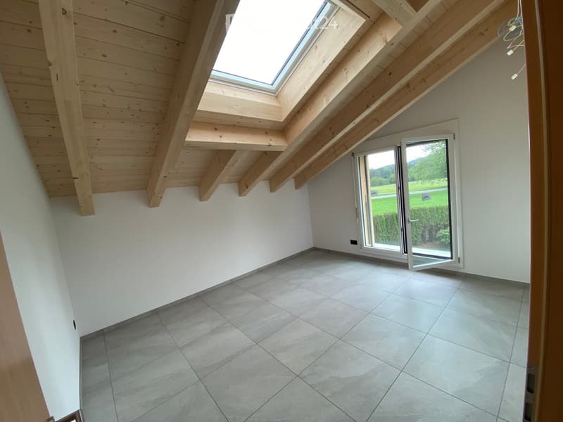 Empty attic space with wooden slanted ceilings, skylight windows, and large sliding glass door opening to outdoor view.