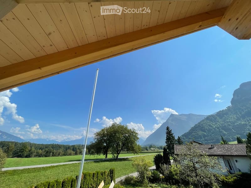 A scenic outdoor view from a wooden structure, showing a lush green field, trees, and distant mountains under a clear blue sky.