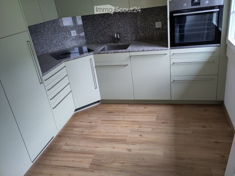 Modern kitchen with light green cabinets, granite countertops, and wooden flooring.
