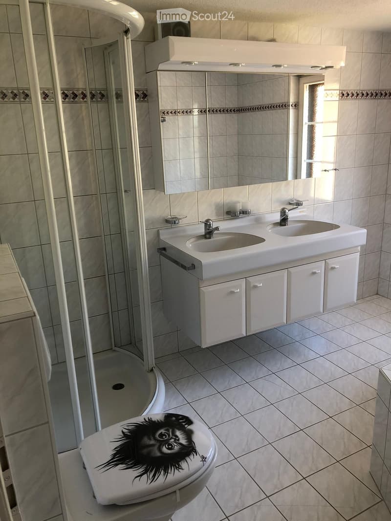 Modern bathroom with a double sink vanity, large mirror, tiled walls, and a walk-in shower. The toilet features a decorative sticker.