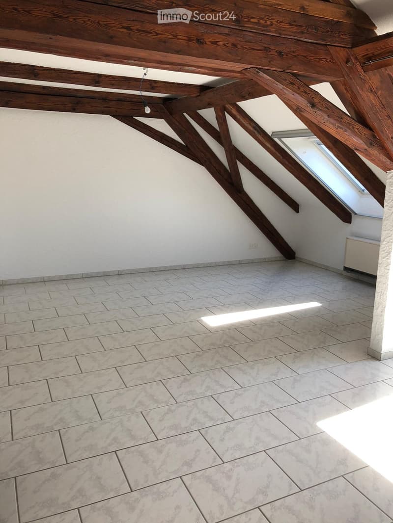 Empty attic space with exposed wooden beams, tiled floor, and skylight window allowing natural light.