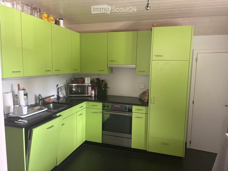 Modern kitchen with bright green cabinets, black countertops, and stainless steel appliances including an oven, microwave, and sink.
