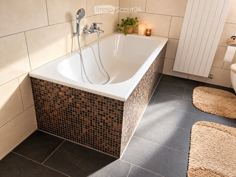 Modern bathroom with a large bathtub, mosaic tile surround, dark tiled floor, and a small plant on the edge of the tub.
