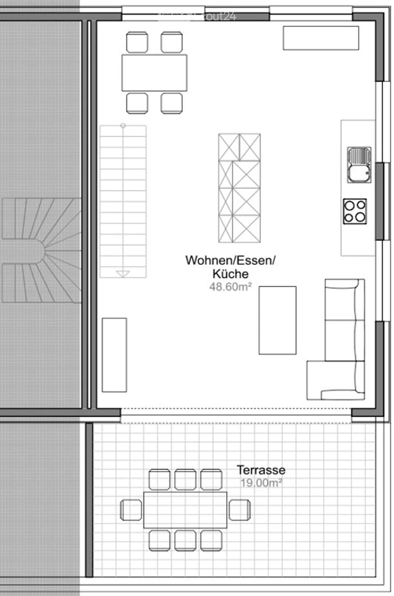 Floor plan of a 48.6m² combined living/dining/kitchen area and a 19.0m² terrace.