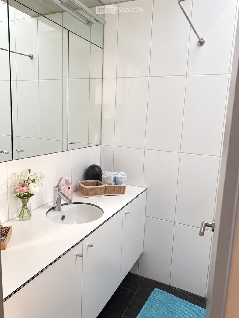 Modern bathroom with white tiles, a white sink with a chrome faucet, a mirrored cabinet, and a small vase with flowers on the counter.