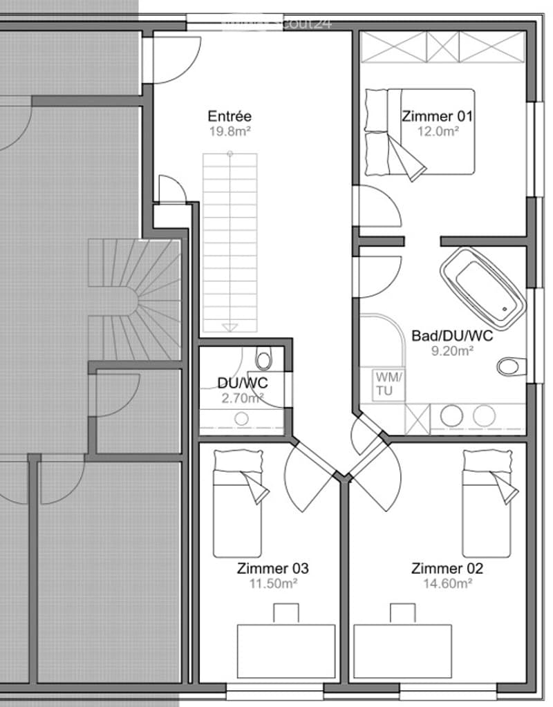 Floor plan of a 4-room apartment with an entrance, two bedrooms, a bathroom, and a separate WC.