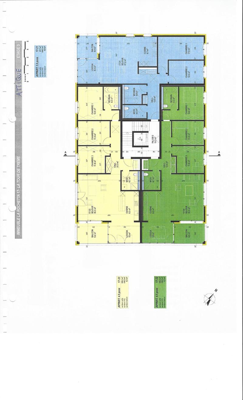 Floor plan of a 3-story building with multiple apartments, each featuring bedrooms, bathrooms, living spaces, and balconies.