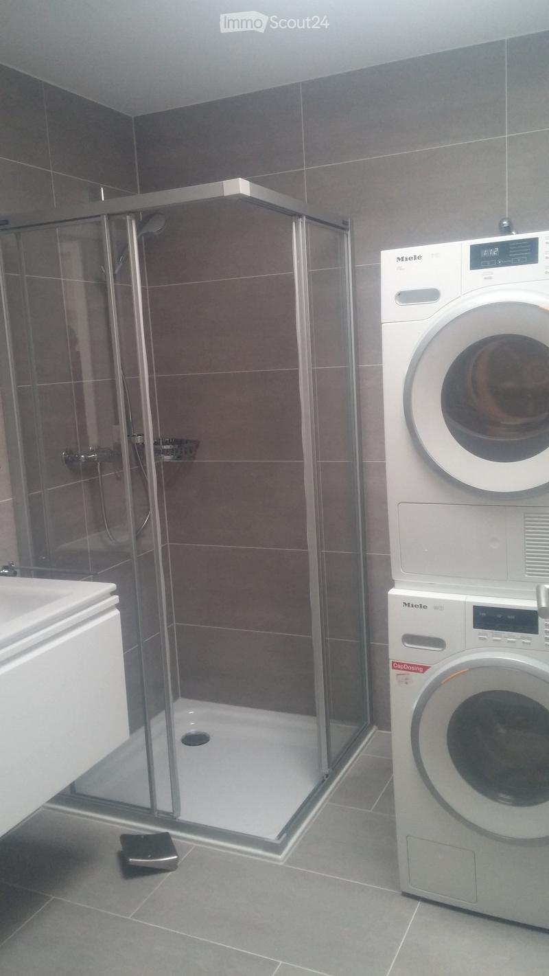 Modern bathroom with a glass-enclosed shower, a white sink, and a stacked Miele washing machine and dryer unit.