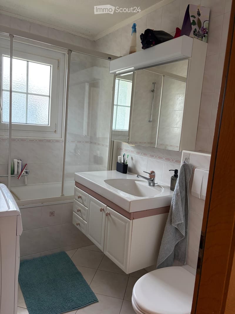 Bathroom with a white sink, mirror, cabinet, toilet, and a small shower stall. A towel hangs on the wall, and a blue rug is placed on the floor.