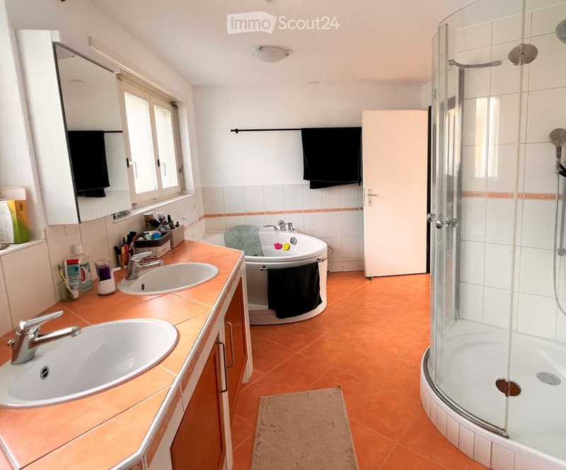 Modern bathroom with double sinks, a bathtub, a glass-enclosed shower, and a large mirror. The space features orange tiles and a white cabinet.