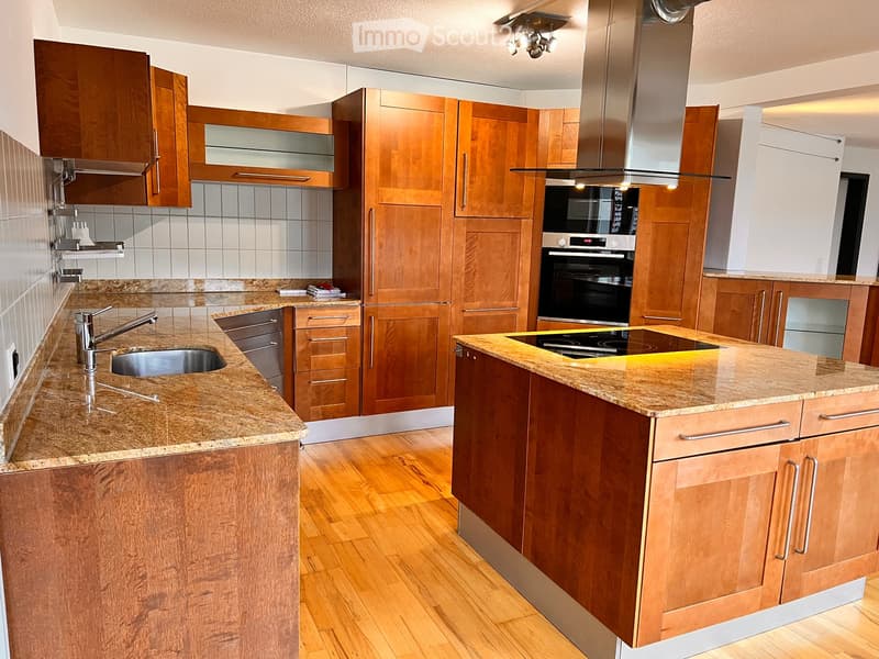 Modern kitchen with wooden cabinets, granite countertops, stainless steel sink and faucet, built-in oven, and range hood.