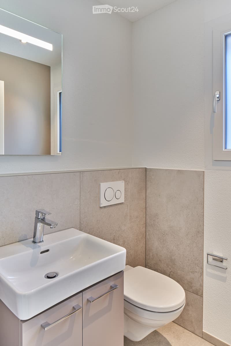 Modern bathroom with a white sink, chrome faucet, large mirror, toilet, and built-in cabinet with silver handles.