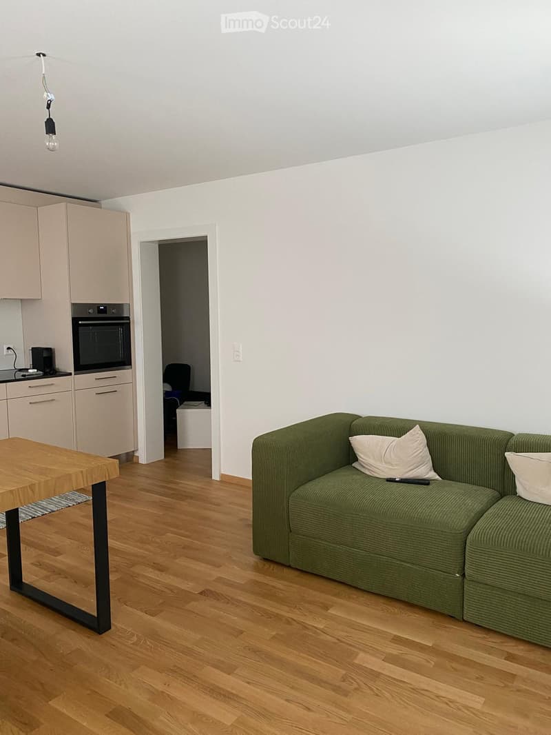 A modern living room with a green sofa, wooden table, and an adjacent kitchen area with an oven and cabinets.