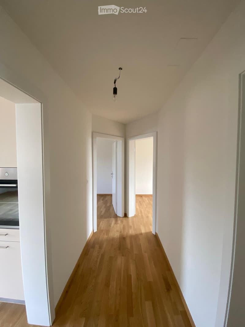 Empty hallway with light wooden flooring, white walls, and a single hanging light fixture. Two open doors lead to adjacent rooms.