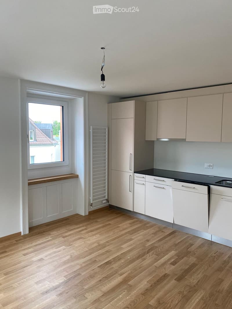 Empty kitchen with light wooden flooring, white cabinets, and a window overlooking a neighboring house. No appliances or furniture are present.