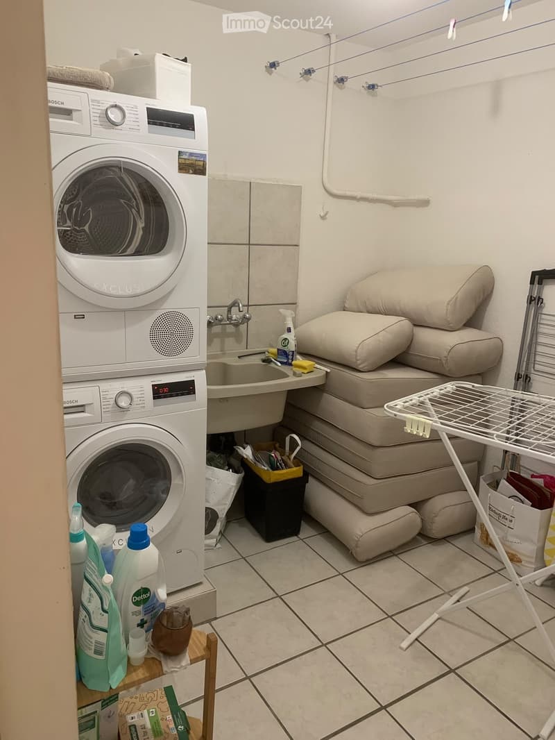 A small bathroom with a washing machine, sink, and various cleaning supplies. There is a small wooden stool with bottles and a cup on it, and a small wooden shelf with cleaning supplies.