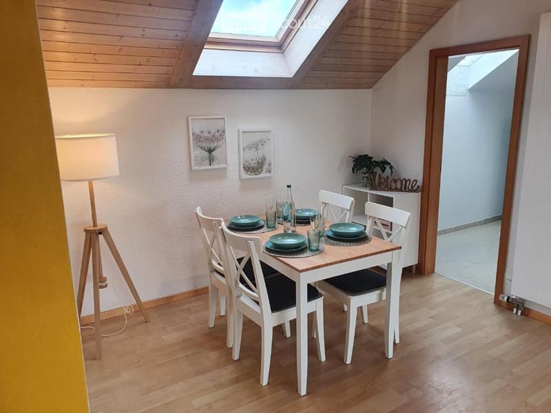 Bright dining area with wooden floor, skylight, white walls, dining table with six chairs, floor lamp, picture frames, and a small welcome sign with a plant.