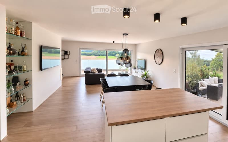 Open-plan living and dining area with modern furniture, large windows, and a view of the garden.