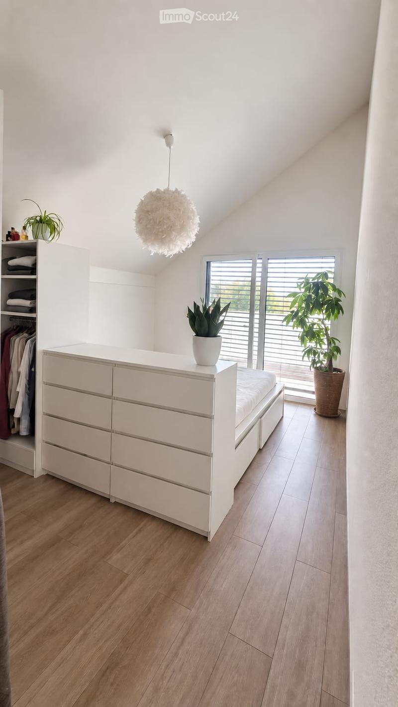 Bright, modern bedroom with a built-in bed and wardrobe, wooden flooring, large window with blinds, and decorative plants.