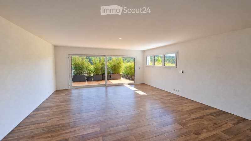 Empty room with wooden flooring, white walls, large sliding glass doors leading to a patio with potted plants, and three windows on one side.