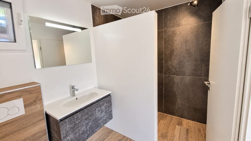 Modern bathroom with a white sink, dark grey cabinet, large mirror, and dark grey tiled wall.