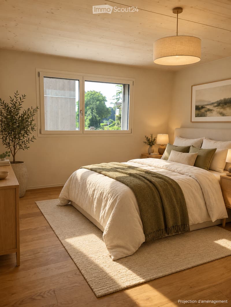 A modern, well-lit bedroom with a large bed, nightstands, lamps, a framed picture, and a plant near the window. The room features wooden flooring and a hanging ceiling light.