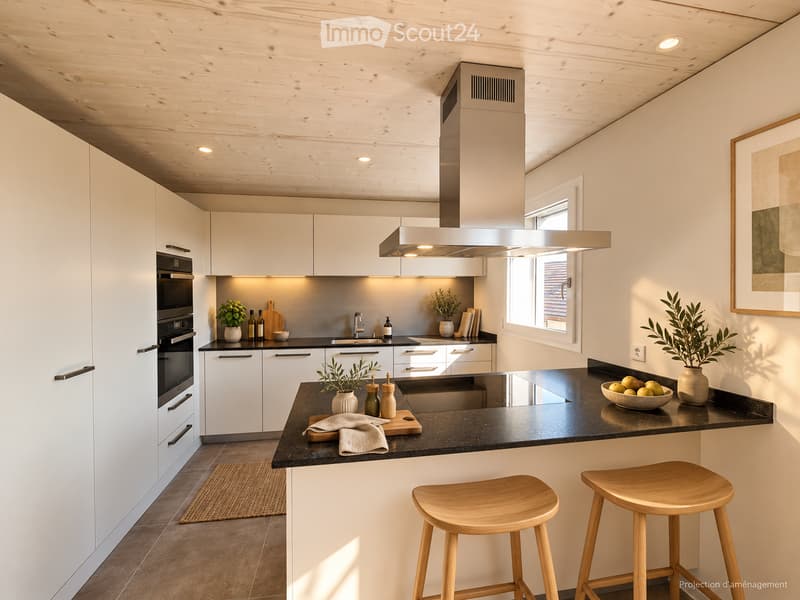 Modern kitchen with white cabinets, stainless steel appliances, black countertop, and wooden stools.