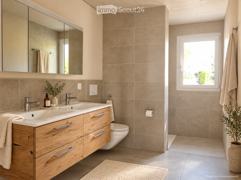 Modern bathroom with beige tiles, double sink, wooden vanity, large mirror, and a window letting in natural light.
