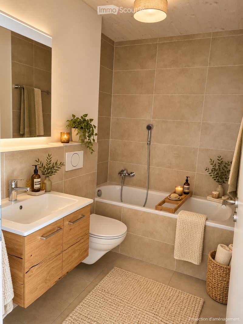 Modern bathroom with beige tiles, a wooden vanity with a sink, a toilet, a bathtub with a handheld shower, and decorative elements like plants, candles, and towels.