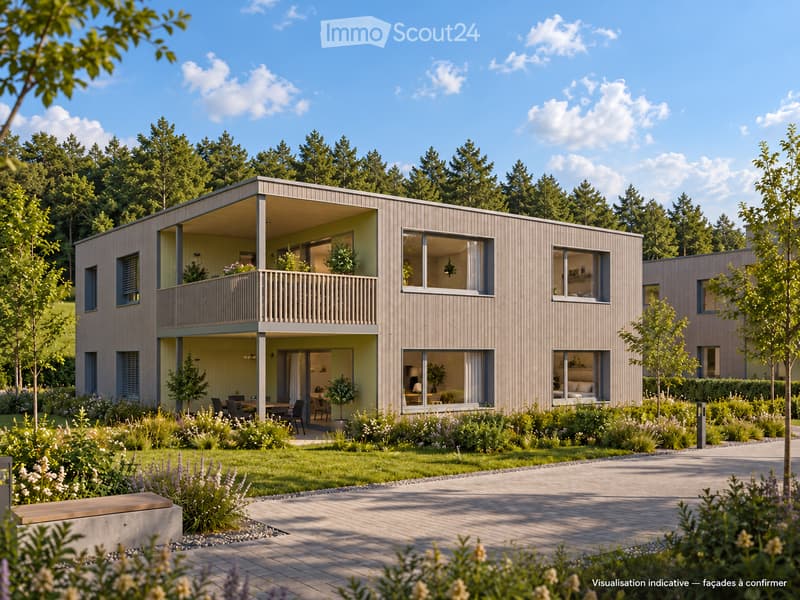 Modern two-story house with light wood exterior, large windows, and a spacious balcony on the upper level. The house is surrounded by a well-maintained garden with various plants and a paved pathway leading to the entrance.