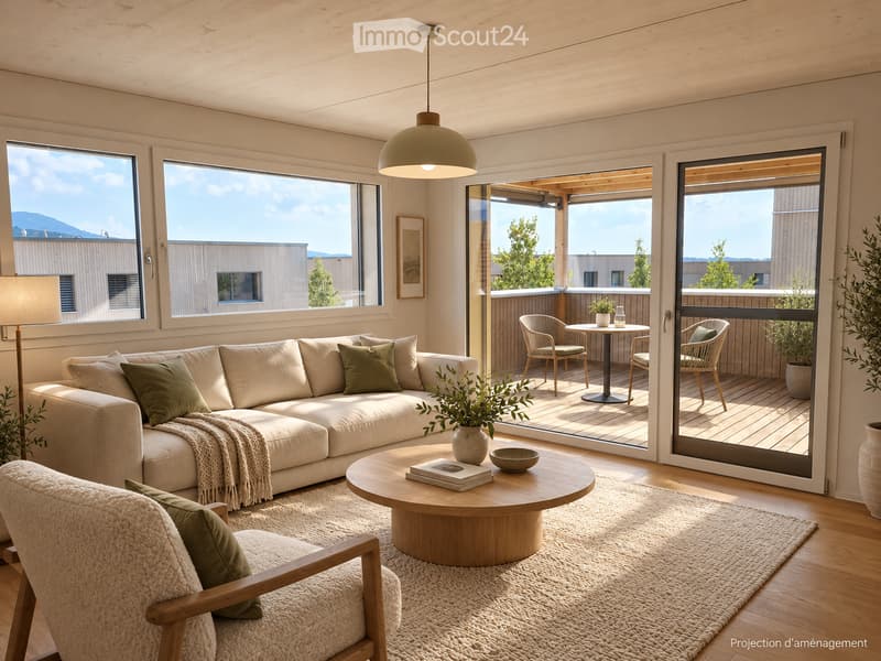 Modern living room with large windows and sliding glass doors leading to a balcony. Features a beige sectional sofa, wooden coffee table, armchair, floor lamp, and decorative items.