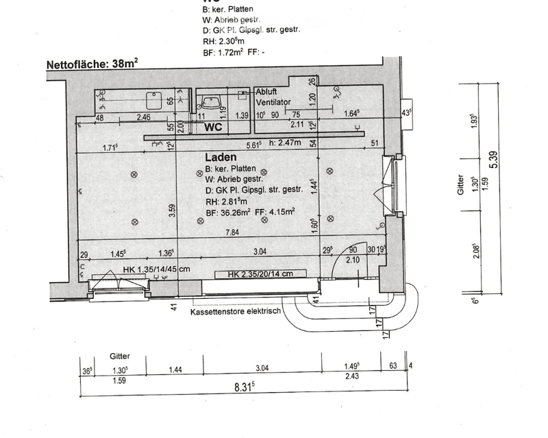 Floor plan of a 38m² space including a WC, ventilation area, and a storage area with labeled dimensions and features.