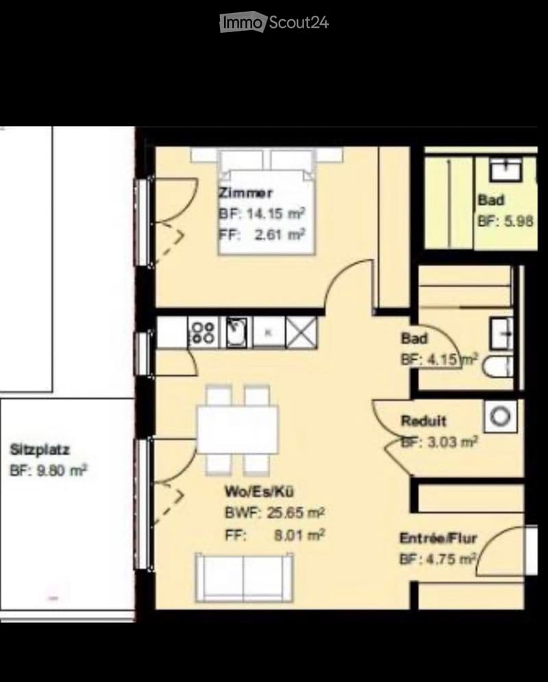 Floor plan showing a living/dining/kitchen area, two bedrooms, two bathrooms, a hallway, and an entrance area.